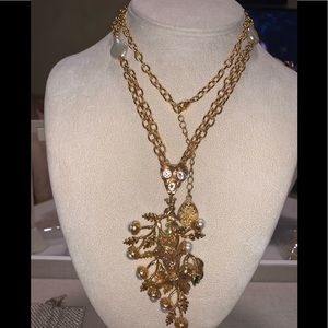 Tree Branch Owl Pendant in Double Chain w Pearls